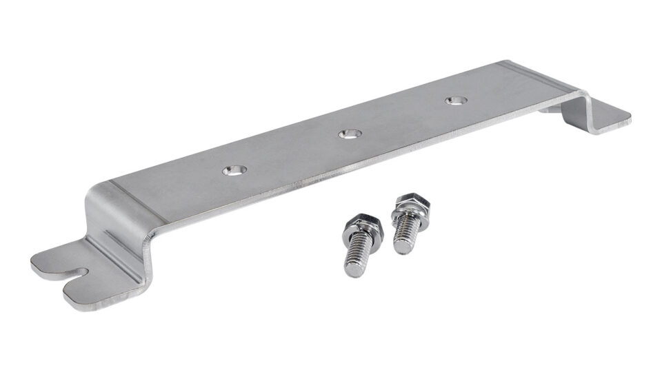 A stainless steel wall mounting bracket with three screw holes and shaped edges, accompanied by two mounting screws and nuts.